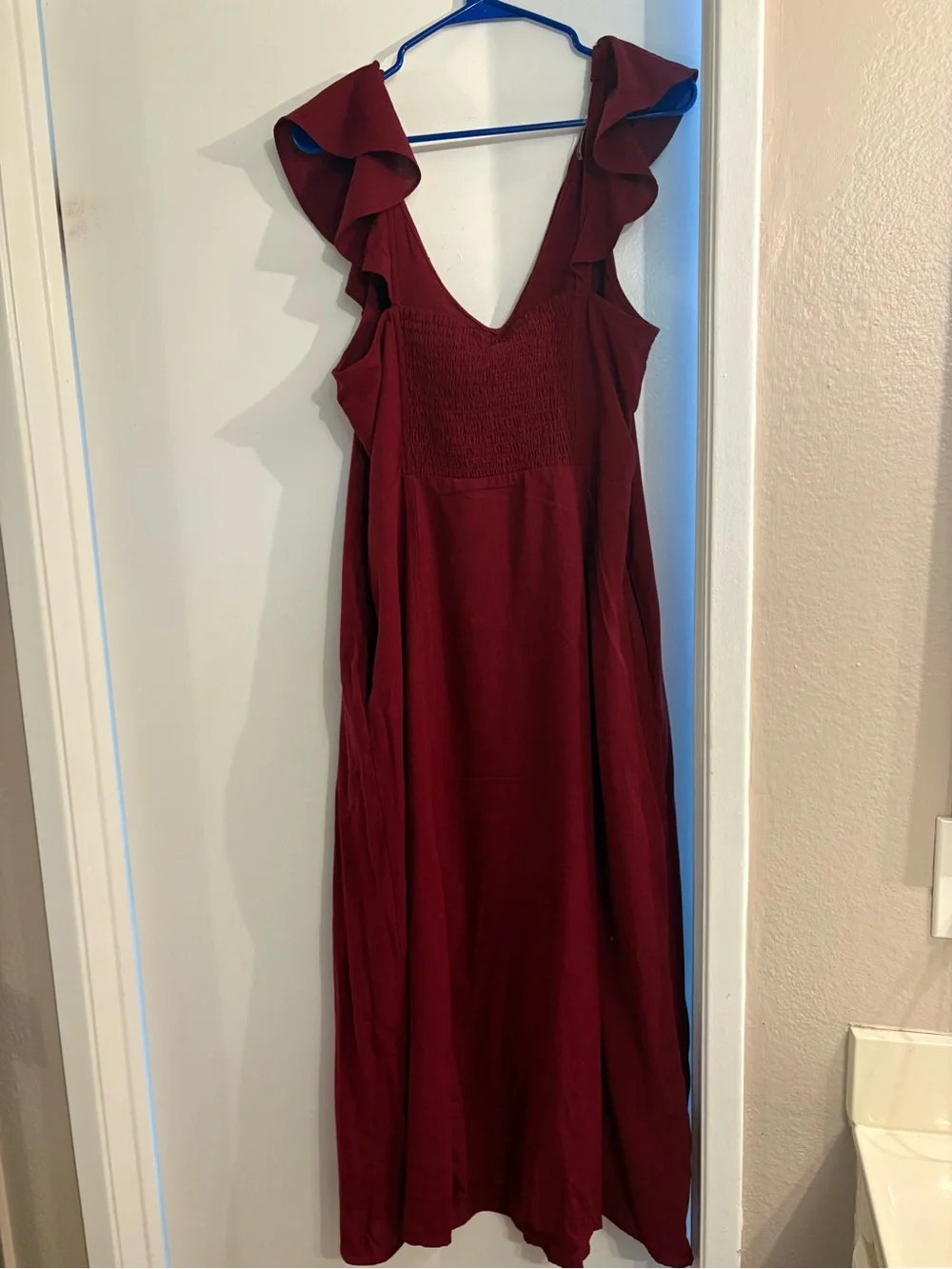 American Threads Burgundy Ruffled V-Neck Midi Dress - Picture 3 of 12